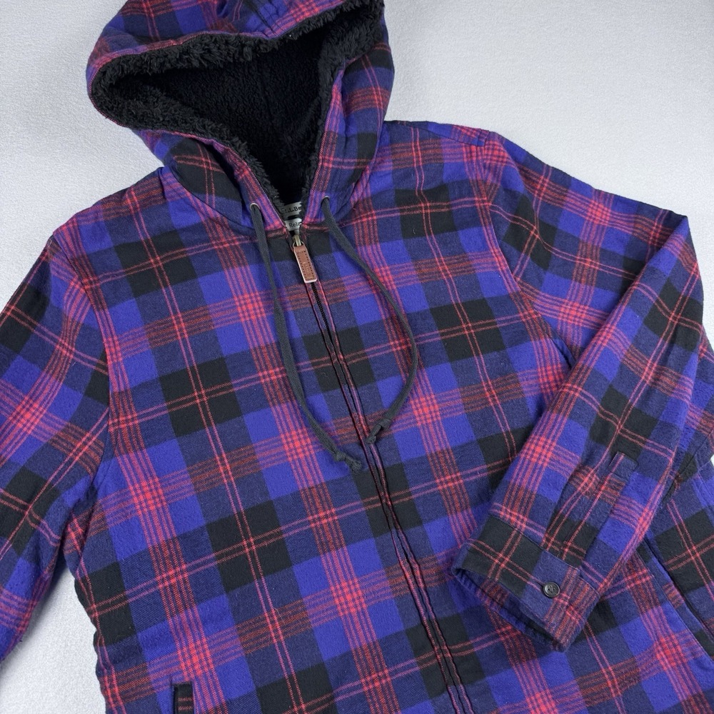 LL Bean‎ Scotch Sherpa Fleece Lined Flannel Women M Plaid Hood Full-Zip Tartan